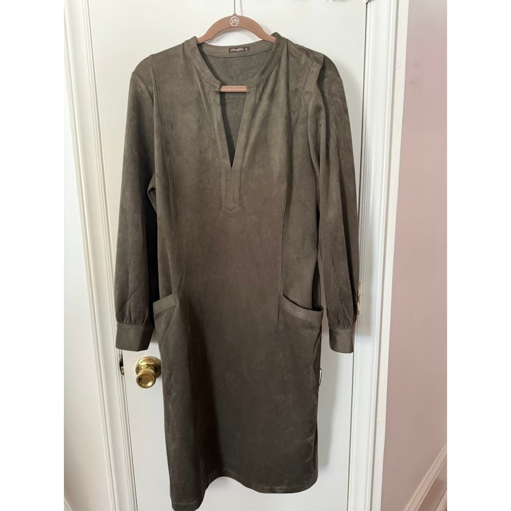 J McLaughlin Split V Belted Faux Olive Suede Sheath Dress Tailored Sleeve‎ XL